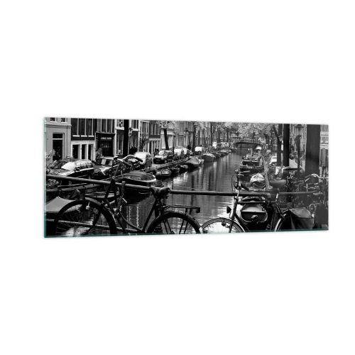 Impression sur verre - Image sur verre - Canal avec des vélos en photographie noir et blanc - 140x50cm - Une vue très hollandaise - Décoration murale moderne pour le salon et la chambre ARTTOR
