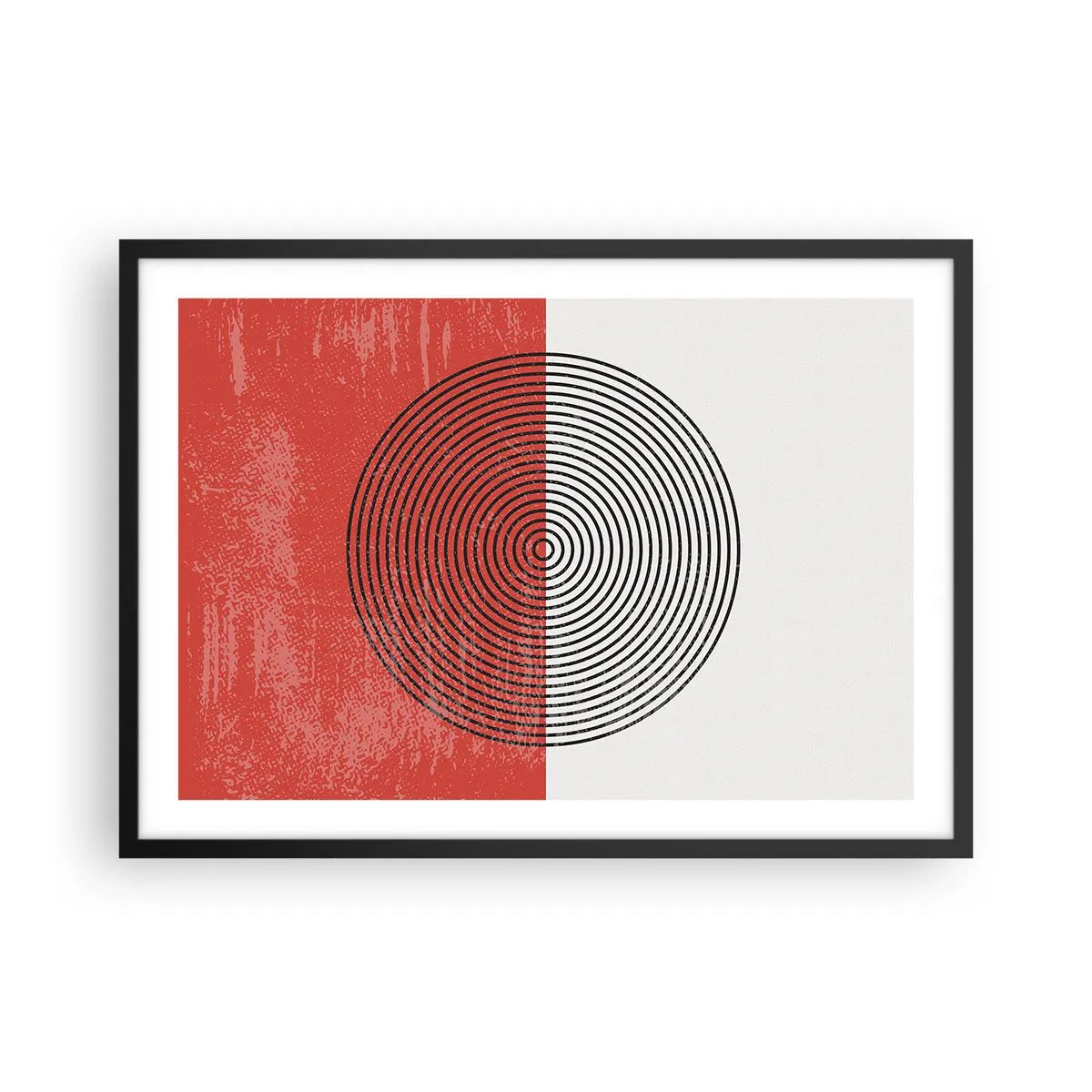 Affiche dans un cadre noir - Poster - Motif géométrique avec des cercles concentriques sur un fond rouge et blanc - 70x50cm - Dans le mille - Décoration murale moderne pour le salon et la chambre ARTTOR