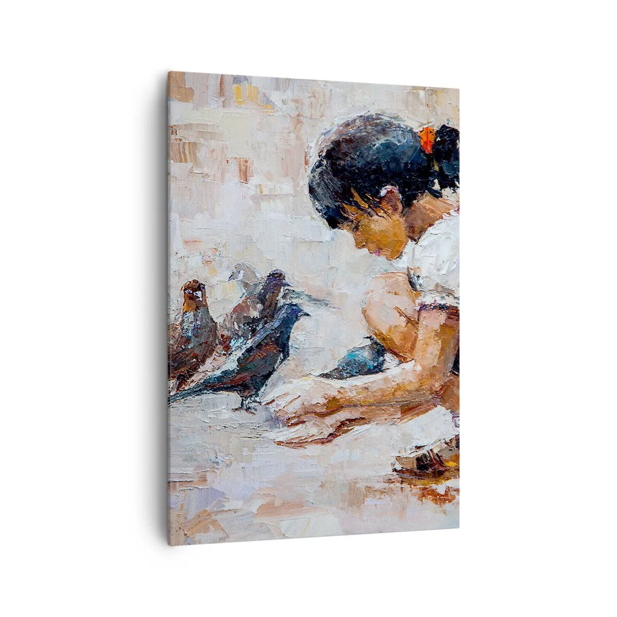 Impression sur toile - Image sur toile - Une fille nourrissant des oiseaux dans un style pictural - 70x100cm - Les plus petits et les plus gentils - Décoration murale moderne pour le salon et la chambre ARTTOR