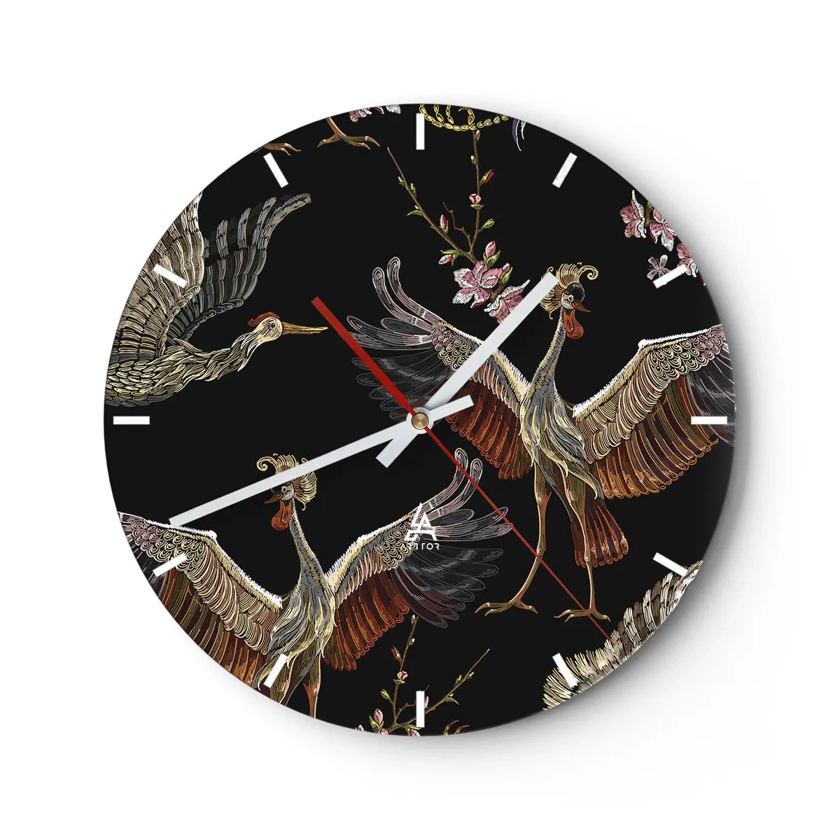 Horloge murale - Pendule murale - Oiseaux illustratifs en vol sur un fond de branches florales et de noir - 30x30cm - Un oiseau de conte de fées - Décoration murale moderne pour le salon, la cuisine et la chambre ARTTOR