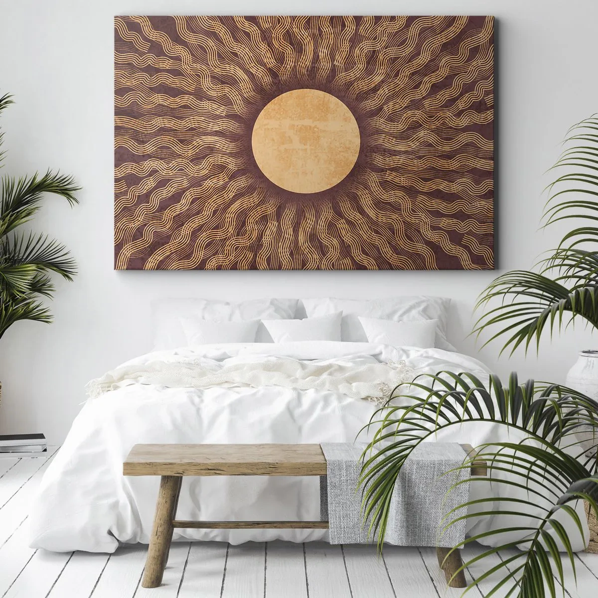 Impression sur toile - Image sur toile - Motif ensoleillé avec des rayons sur un fond dans les tons marron - 70x50cm - Icône du soleil - Décoration murale moderne pour le salon et la chambre ARTTOR