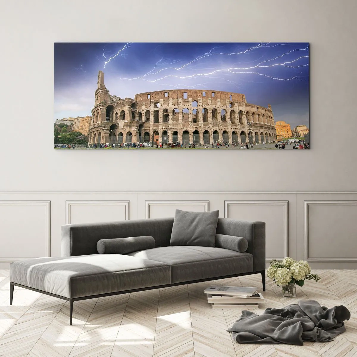 Impression sur verre - Image sur verre - Le Colisée de Rome illuminé par la foudre - 160x50cm - Arène de combat - Décoration murale moderne pour le salon et la chambre ARTTOR