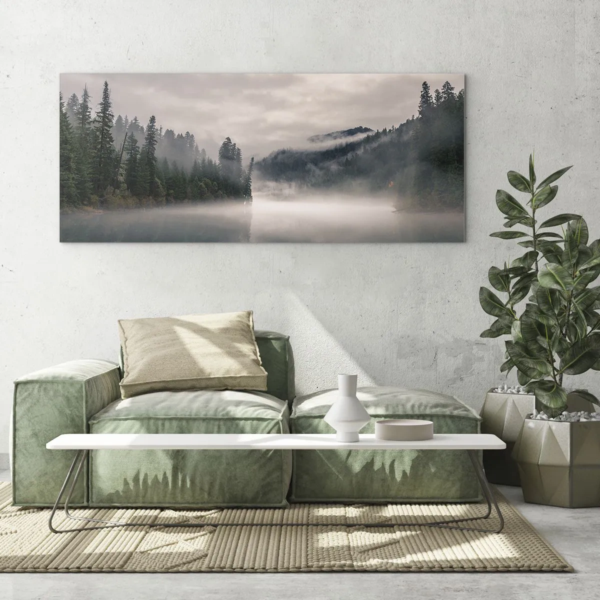 Impression sur verre - Image sur verre - Une forêt brumeuse se reflétant dans un lac calme - 120x50cm - Reflet dans le brouillard - Décoration murale moderne pour le salon et la chambre ARTTOR