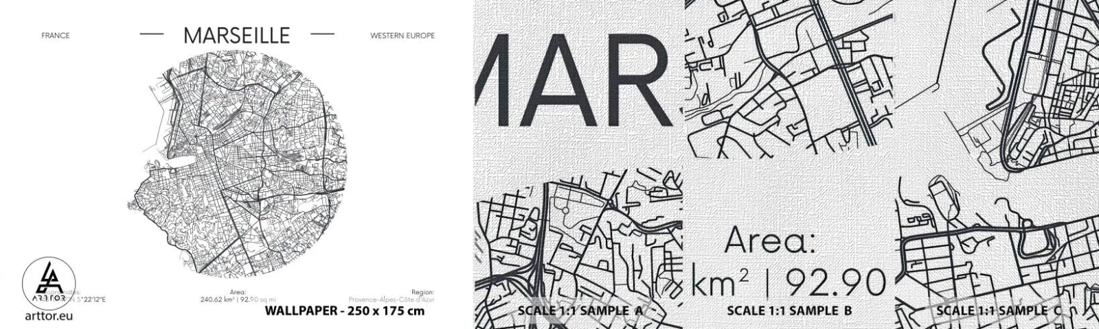 Échantillon de Papier Peint Premium Canvas - Anatomie de Marseille - Carte, Marseille, France - 100x30 cm