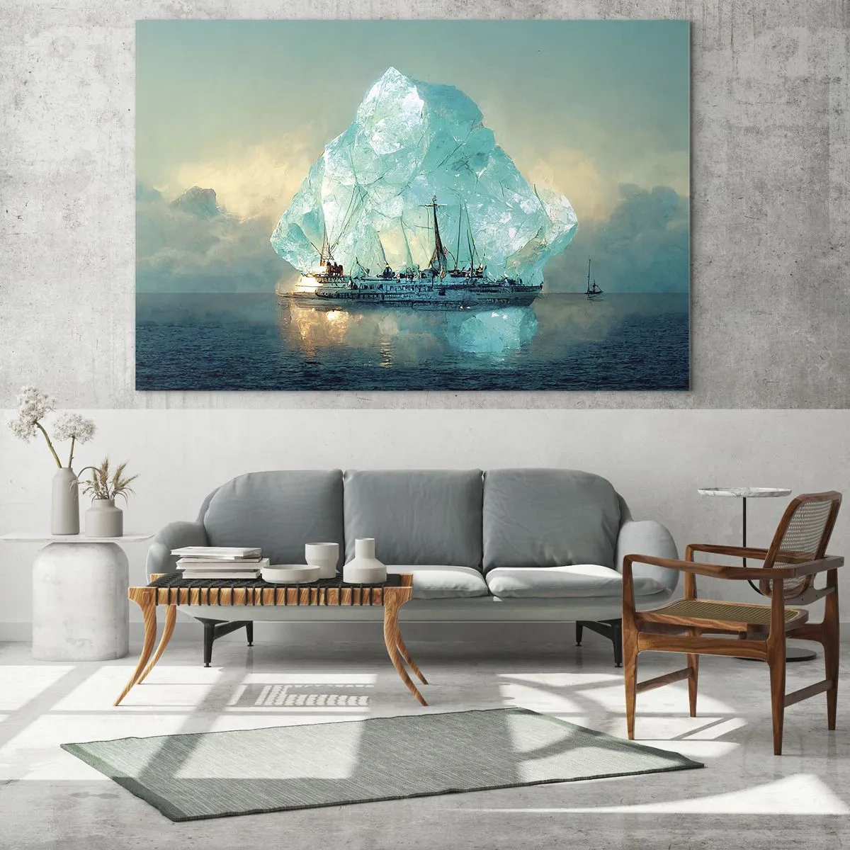 Impression sur verre - Image sur verre - Un voilier devant un immense glacier dans la lumière arctique. - 70x50cm - Diamant arctique - Décoration murale moderne pour le salon et la chambre ARTTOR