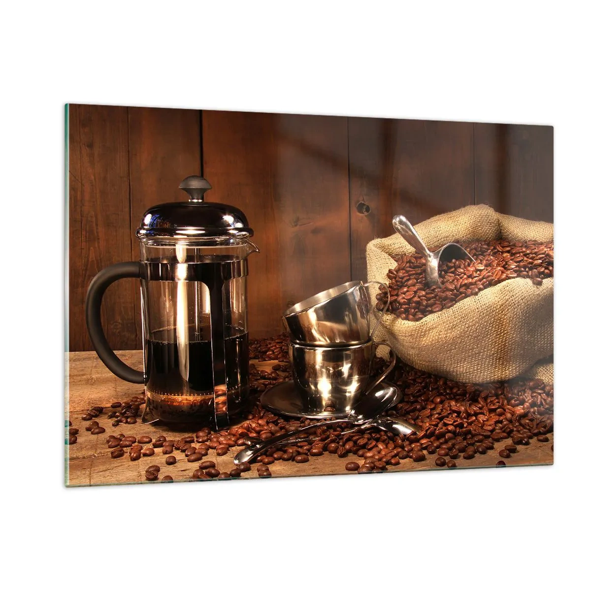 Impression sur verre - Image sur verre - Cafetière, tasses et un sac de grains de café - 120x80cm - Le charme du café - arôme et goût - Décoration murale moderne pour le salon et la chambre ARTTOR