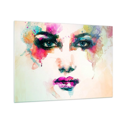Impression sur verre - Image sur verre - Portrait d'une femme aux couleurs et détails de l'aquarelle - 100x70cm - Un portrait peint avec un arc-en-ciel - Décoration murale moderne pour le salon et la chambre ARTTOR