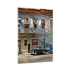 Impression sur verre - Image sur verre - Rue rétro avec des bâtiments classiques et une voiture - 50x70cm - Climat hawaïen - Décoration murale moderne pour le salon et la chambre ARTTOR