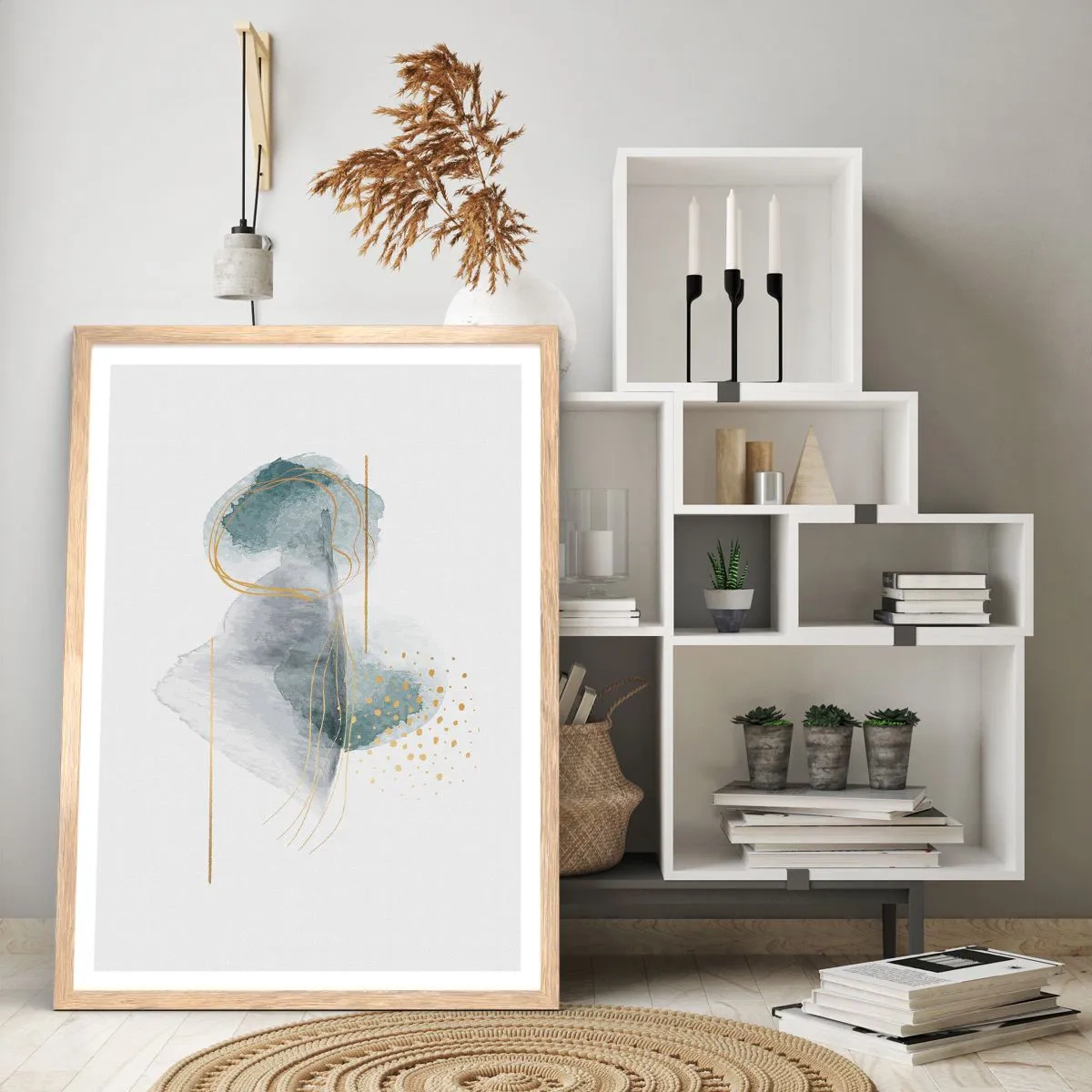 Affiche dans un chêne clair - Poster - À propos de la relation entre le gris et l'or - 50x70 cm