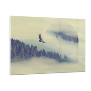 Impression sur verre - Image sur verre - Un aigle en vol au-dessus d'une forêt enveloppée de brume avec un reflet surréaliste. - 120x80cm - J'ai vu l'ombre d'un aigle - Décoration murale moderne pour le salon et la chambre ARTTOR