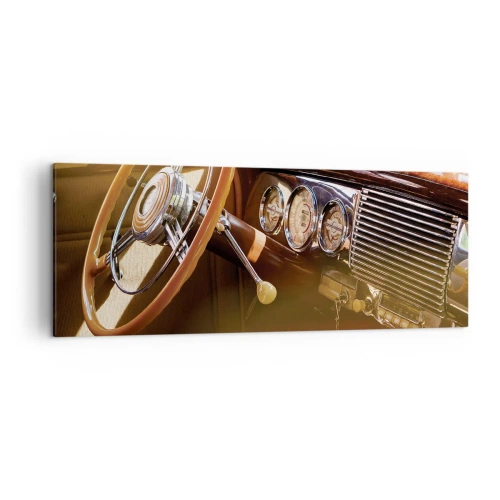 Impression sur toile - Image sur toile - Gros plan de l'intérieur d'une voiture classique avec des détails en bois et en chrome. - 140x50cm - Souffle de luxe venu du passé - Décoration murale moderne pour le salon et la chambre ARTTOR