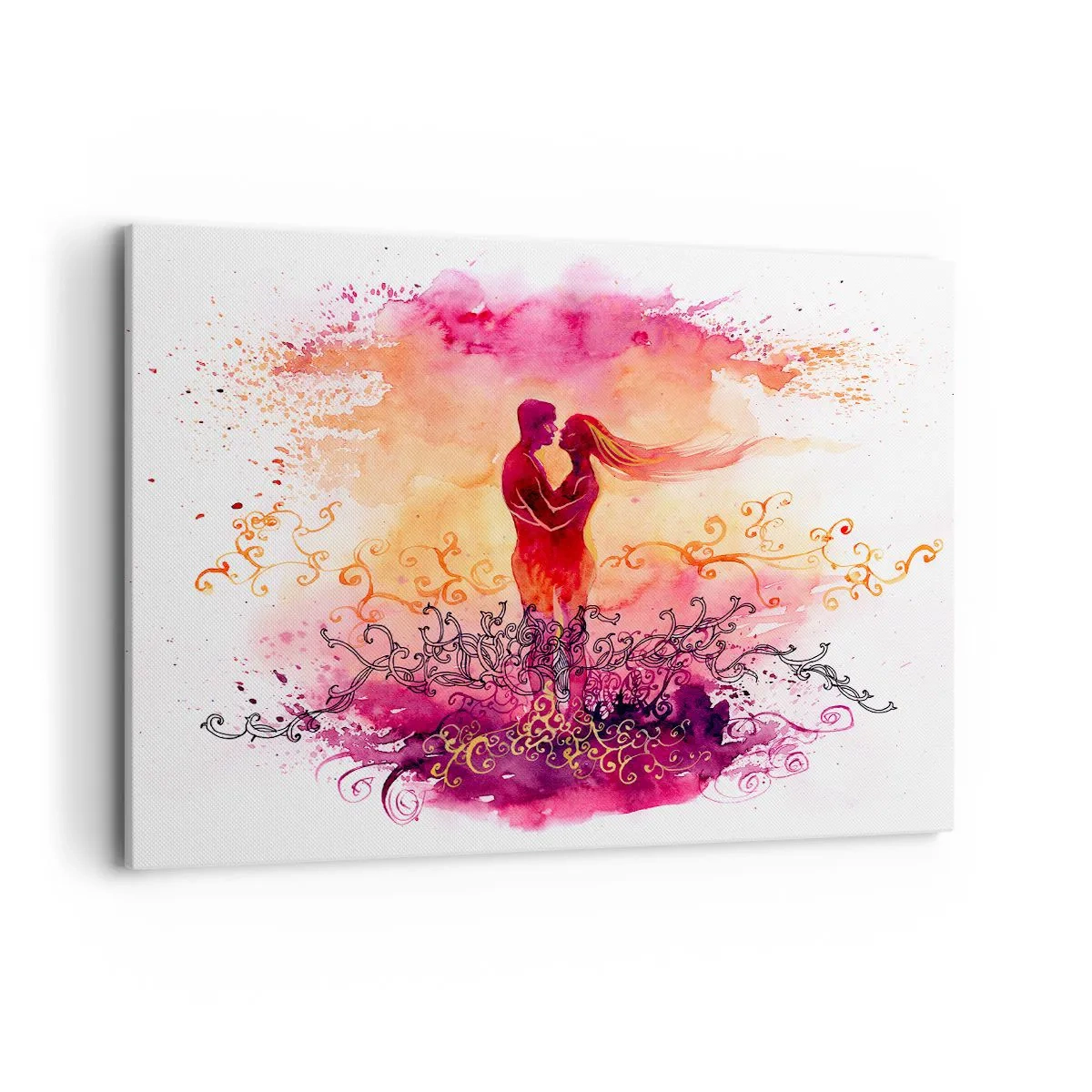 Impression sur toile - Image sur toile - Un couple s'embrassant sur un motif abstrait rose et orange - 120x80cm - Un coeur! Je n'ai pas besoin de beaucoup… - Décoration murale moderne pour le salon et la chambre ARTTOR