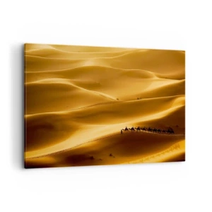 Impression sur toile - Image sur toile - Une caravane de chameaux errant à travers les dunes dorées du désert. - 120x80cm - Caravane sur les vagues du désert - Décoration murale moderne pour le salon et la chambre ARTTOR
