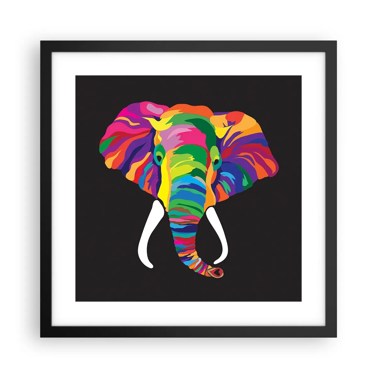 Affiche dans un cadre noir - Poster - L'éléphant qui aimait se baigner dans un arc-en-ciel - 40x40 cm