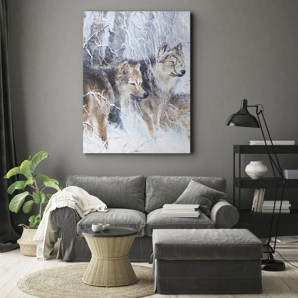 Impression sur toile - Image sur toile - Loups dans une forêt hivernale sur fond de neige - 50x70cm - Attention! Ca arrive ... - Décoration murale moderne pour le salon et la chambre ARTTOR