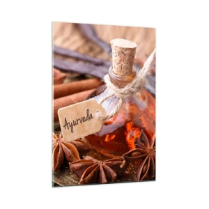 Impression sur verre - Image sur verre - Bouteille d'huile et d'épices de style ayurvédique - 50x70cm - Vers l'unité du corps et de l'esprit - Décoration murale moderne pour le salon et la chambre ARTTOR