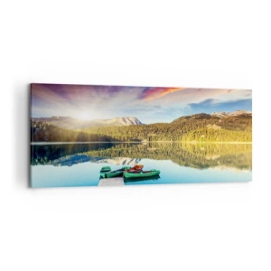 Impression sur toile - Image sur toile - Coucher de soleil sur le lac avec des bateaux à l'embarcadère - 120x50cm - Aussi lisse qu'un miroir au-dessus de l'eau - Décoration murale moderne pour le salon et la chambre ARTTOR