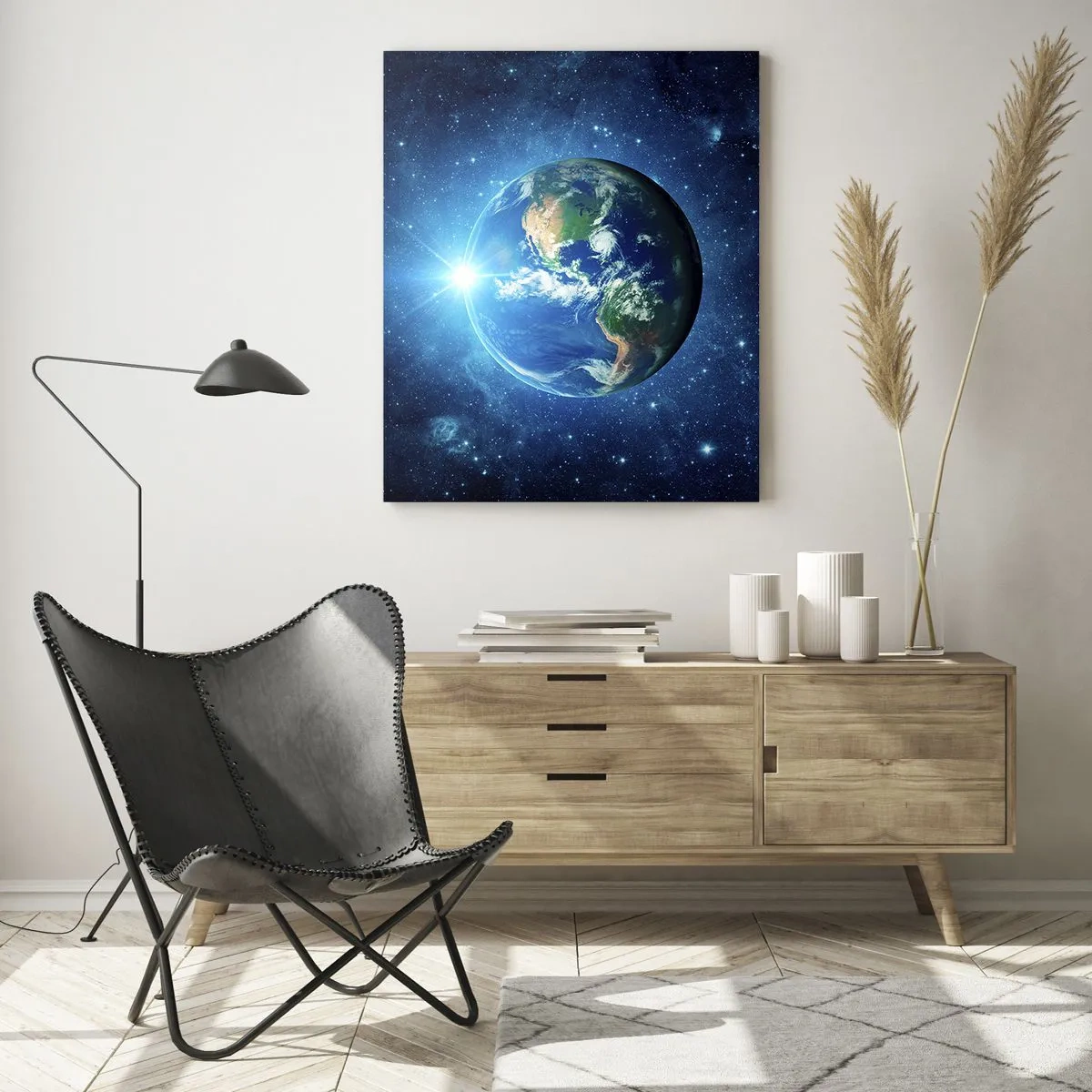 Impression sur verre - Image sur verre - La Terre vue de l'espace avec des rayons de lumière - 50x70cm - Nous sommes au paradis - Décoration murale moderne pour le salon et la chambre ARTTOR