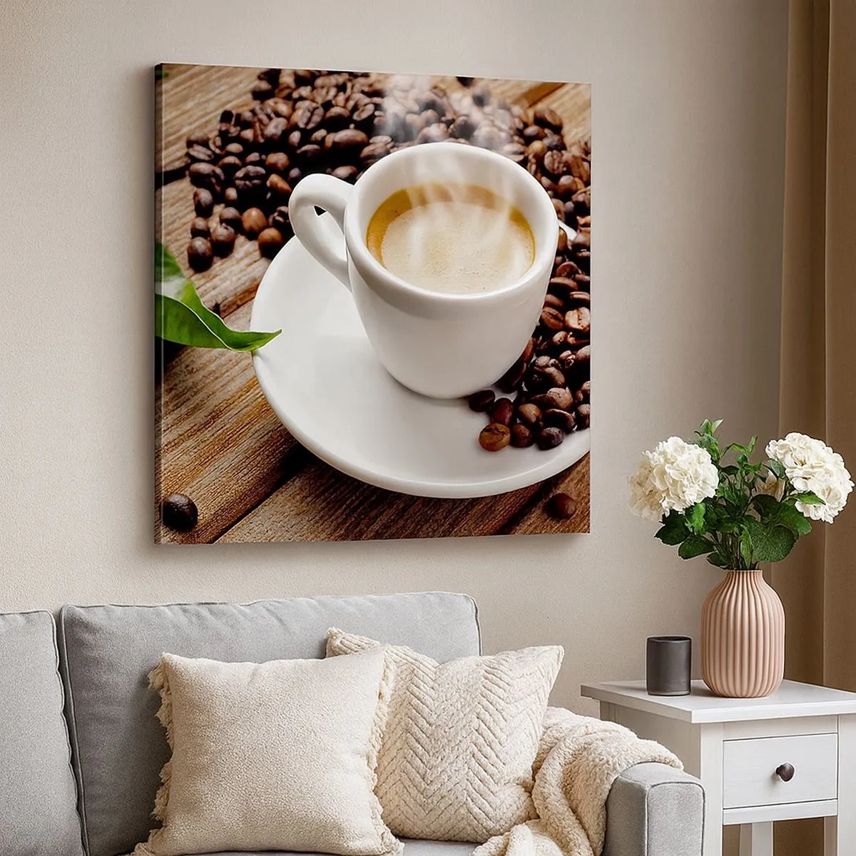Impression sur toile - Image sur toile - Café sur un banc - 30x30 cm