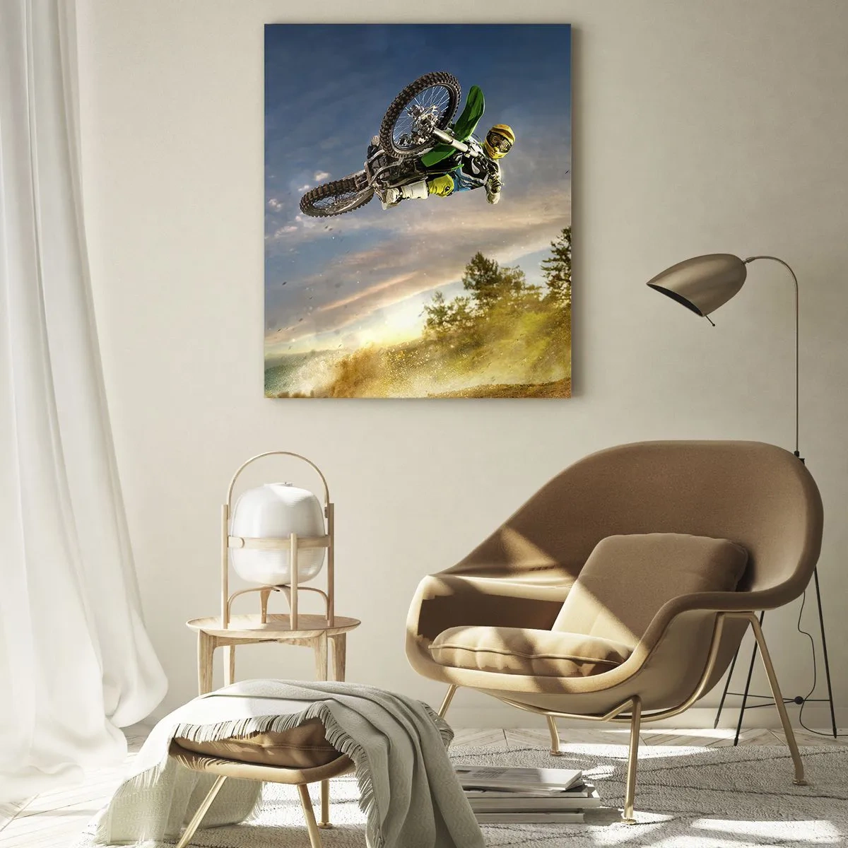 Impression sur verre - Image sur verre - Un motocycliste en action sur fond de soleil couchant - 50x70cm - Activez les émotions ! - Décoration murale moderne pour le salon et la chambre ARTTOR