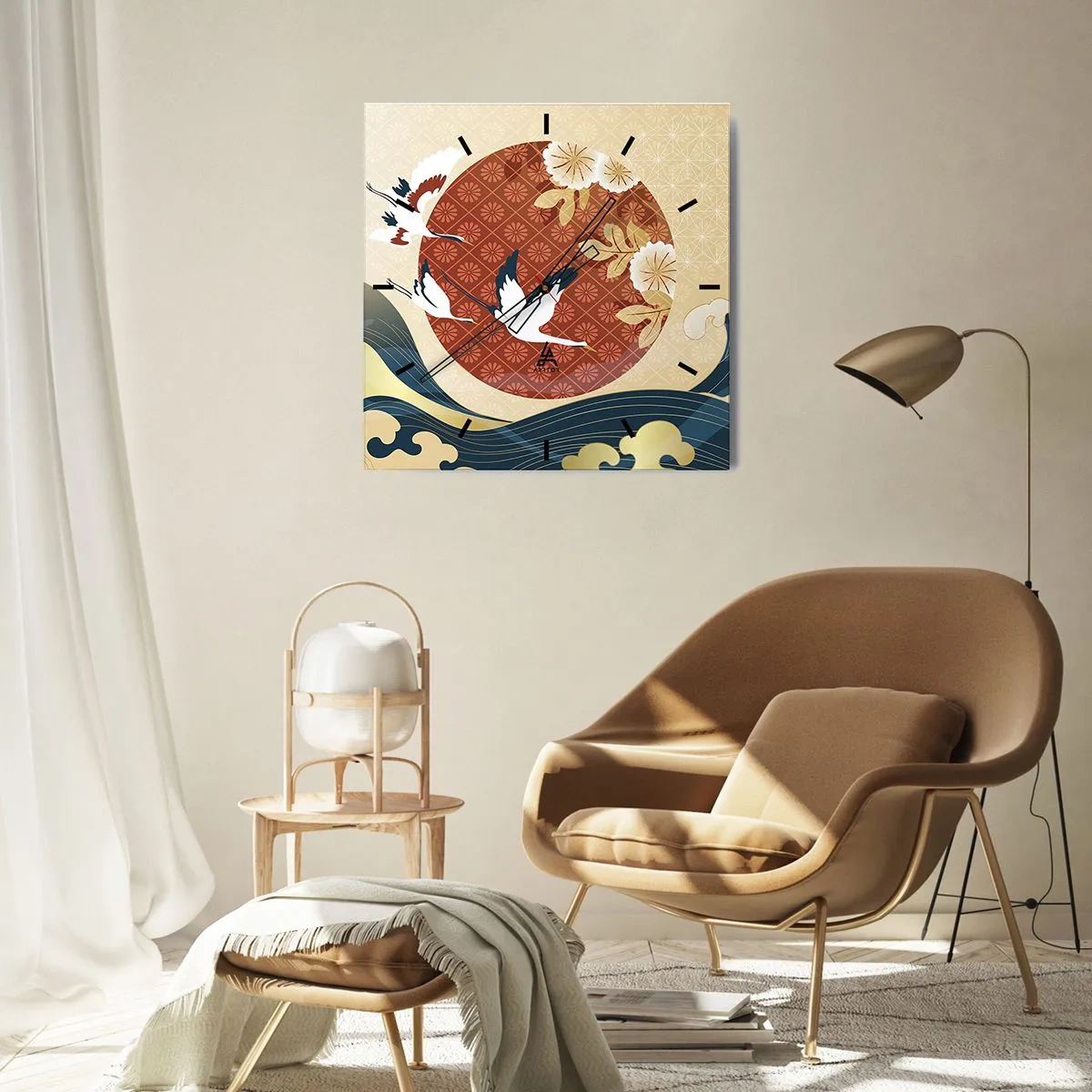 Horloge murale - Pendule murale - Composition japonaise avec des grues et des vagues - 30x30cm - Conte japonnais - Décoration murale moderne pour le salon et la chambre ARTTOR