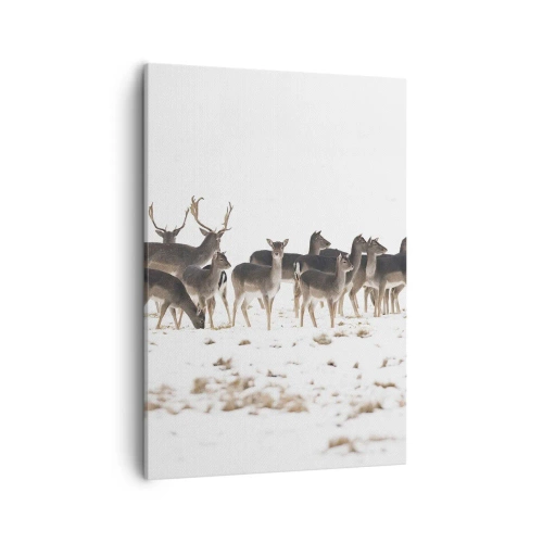 Impression sur toile - Image sur toile - Un troupeau de cerfs sur fond de neige - 50x70cm - Les fêtes approchent ? - Décoration murale moderne pour le salon et la chambre ARTTOR