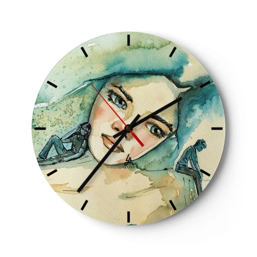 Horloge murale - Pendule murale - Portrait artistique d'une femme et silhouettes dans les tons bleus - 30x30cm - Suis-je bleu? - Décoration murale moderne pour le salon, la cuisine et la chambre ARTTOR