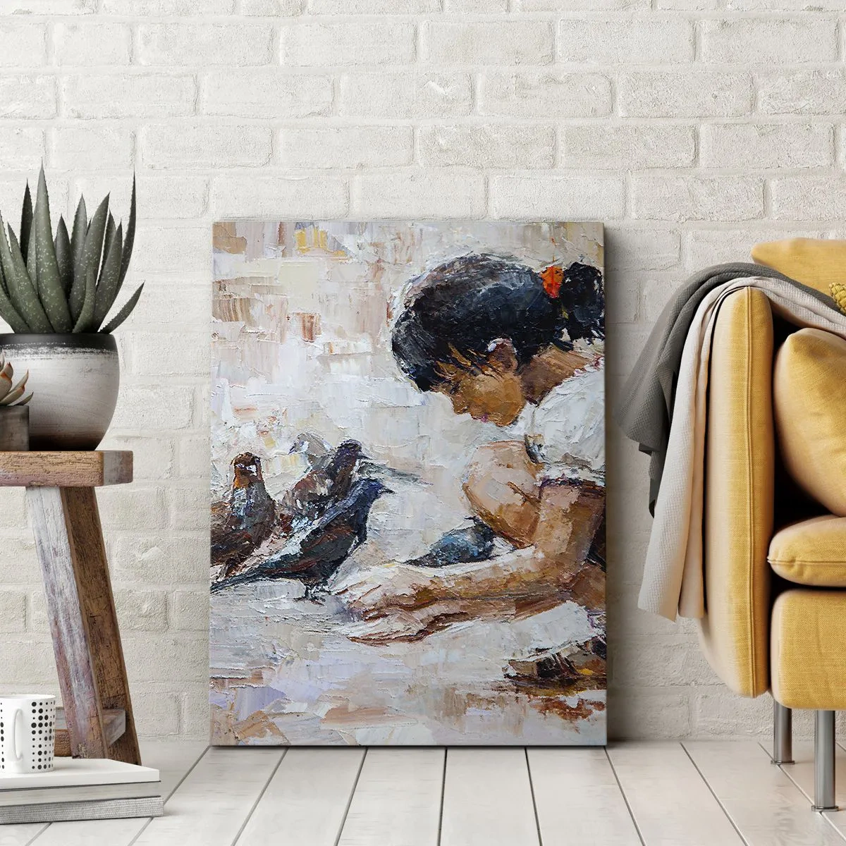 Impression sur toile - Image sur toile - Une fille nourrissant des oiseaux dans un style pictural - 50x70cm - Les plus petits et les plus gentils - Décoration murale moderne pour le salon et la chambre ARTTOR