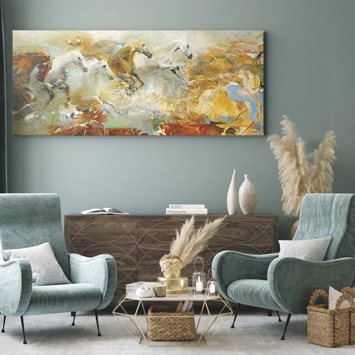 Impression sur toile - Image sur toile - Des chevaux artistiques dans un cadre dynamique et coloré - 160x50cm - Au galop vers la lumière - Décoration murale moderne pour le salon et la chambre ARTTOR
