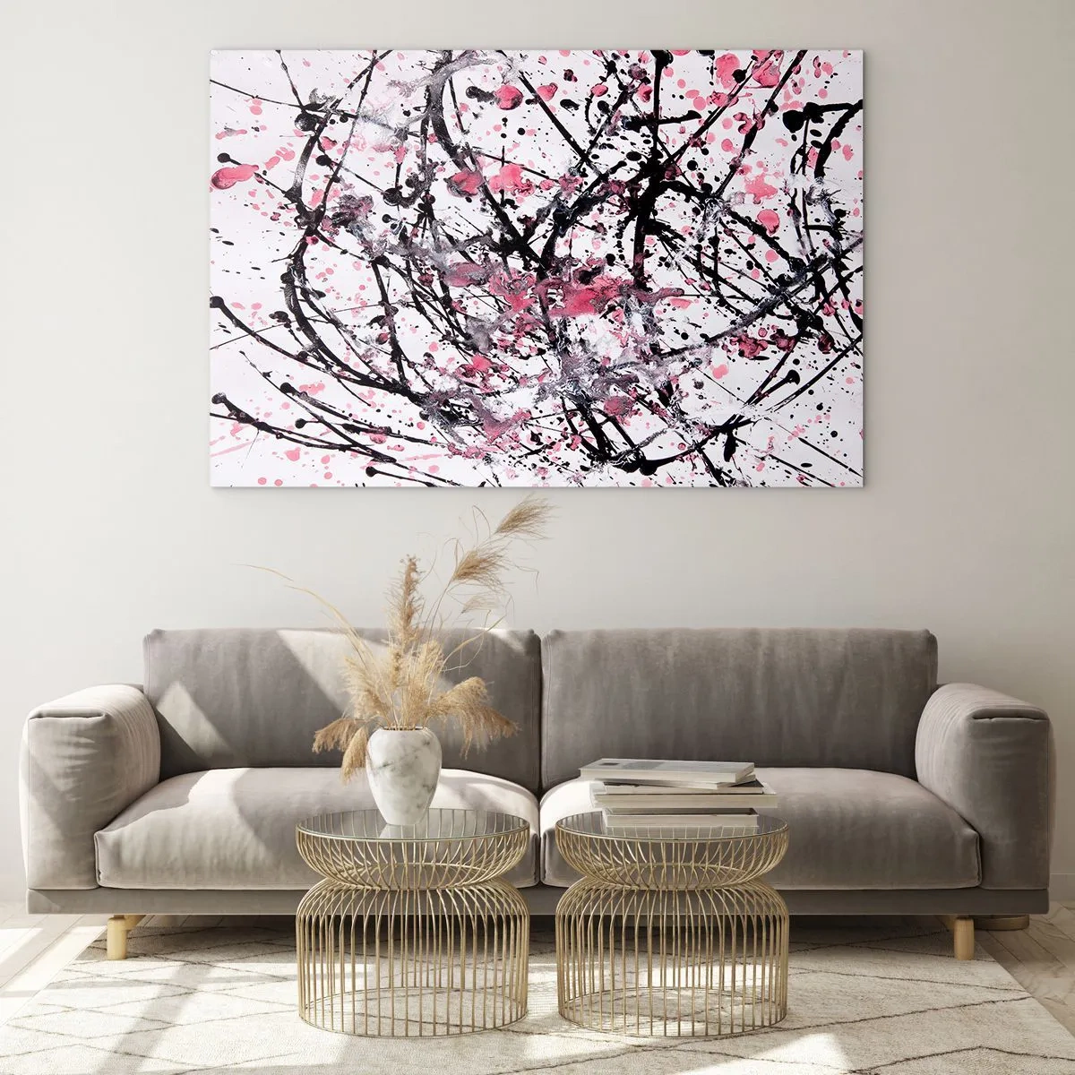Impression sur verre - Image sur verre - Lignes abstraites dynamiques et taches roses sur fond blanc - 70x50cm - La nature éphémère de la vie - Décoration murale moderne pour le salon et la chambre ARTTOR