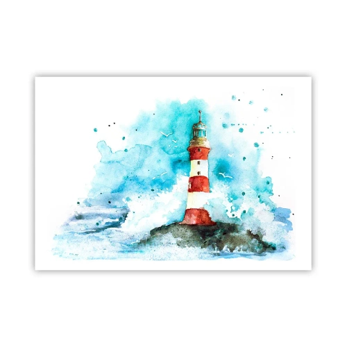 Affiche - Poster - Un phare dans un décor aquarelle sur fond bleu - 100x70cm - Unité des éléments - Décoration murale moderne pour le salon et la chambre ARTTOR