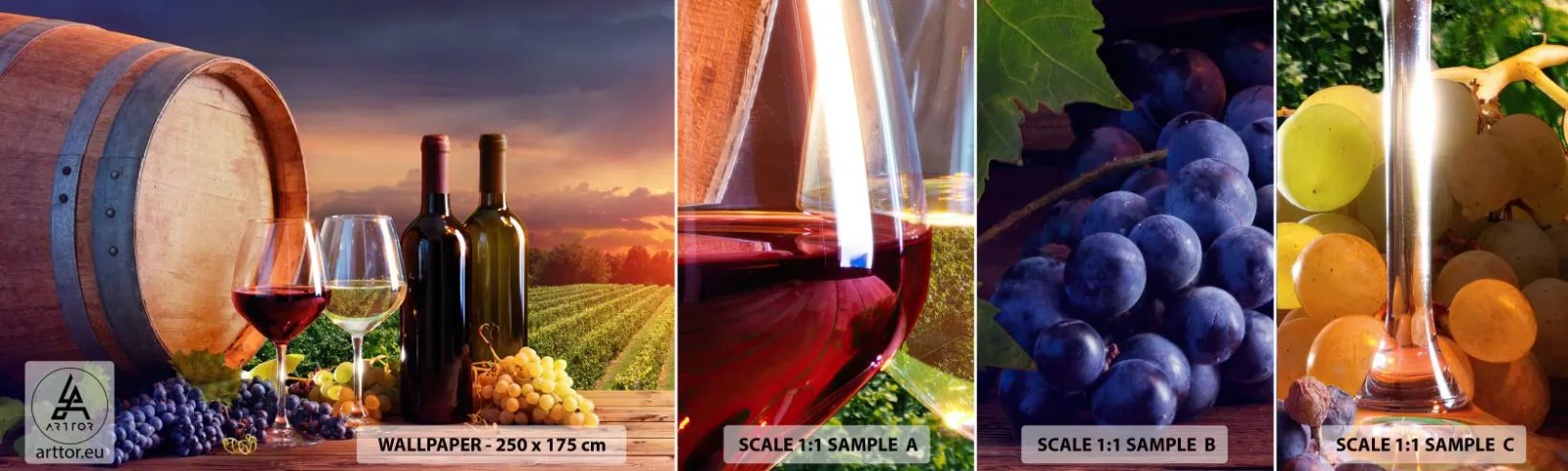 Échantillon de Papier Peint Autocollant Deluxe Sticker - Ici la vie a du goût - Vignoble, Tonneau de vin, Raisin - 100x30 cm