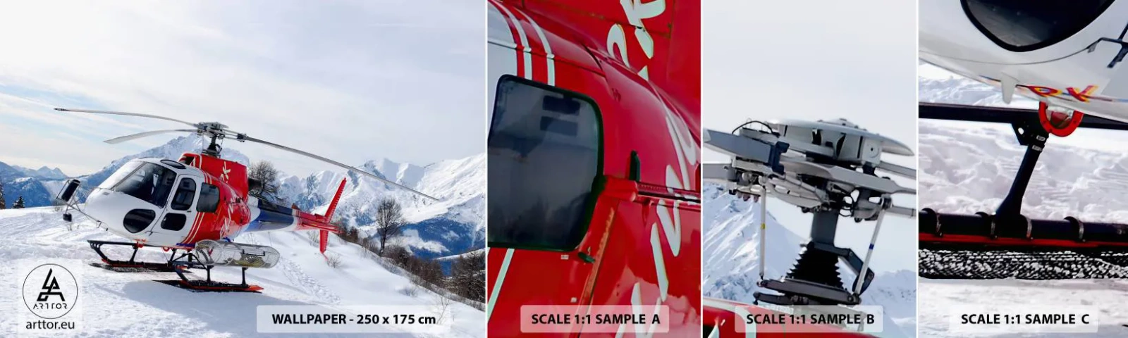 Échantillon De Papier Peint Standard Eco - Toujours prêt - Hélicoptère, Paysage, Alpes - 100x30 cm