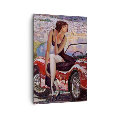 Impression sur toile - Image sur toile - Une femme près d'une voiture rouge avec une ville en arrière-plan - 80x120cm - L'été? Uniquement sur la Côte d'Azur - Décoration murale moderne pour le salon et la chambre ARTTOR