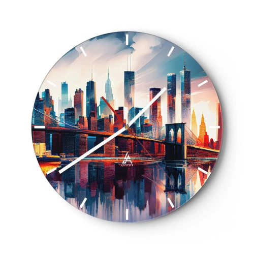 Horloge murale - Pendule murale - Skyline de New York avec pont et reflet dans l'eau au coucher du soleil - 30x30cm - New York onirique - Décoration murale moderne pour le salon, la cuisine et la chambre ARTTOR