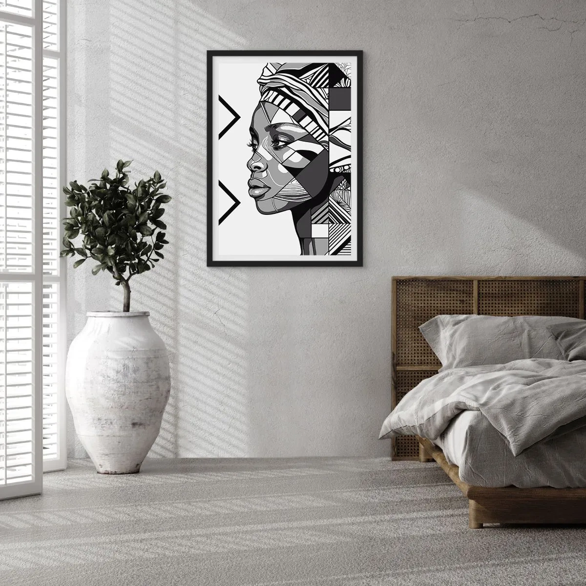 Affiche dans un cadre noir - Poster - Portrait géométrique d'une femme en noir et blanc - 50x70cm - Portrait ethnique - Décoration murale moderne pour le salon et la chambre ARTTOR