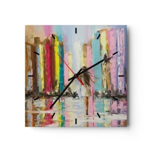 Horloge murale - Pendule murale - Une ville colorée et une femme en robe blanche avec un oiseau - 30x30cm - Viens avec moi - Décoration murale moderne pour le salon et la chambre ARTTOR