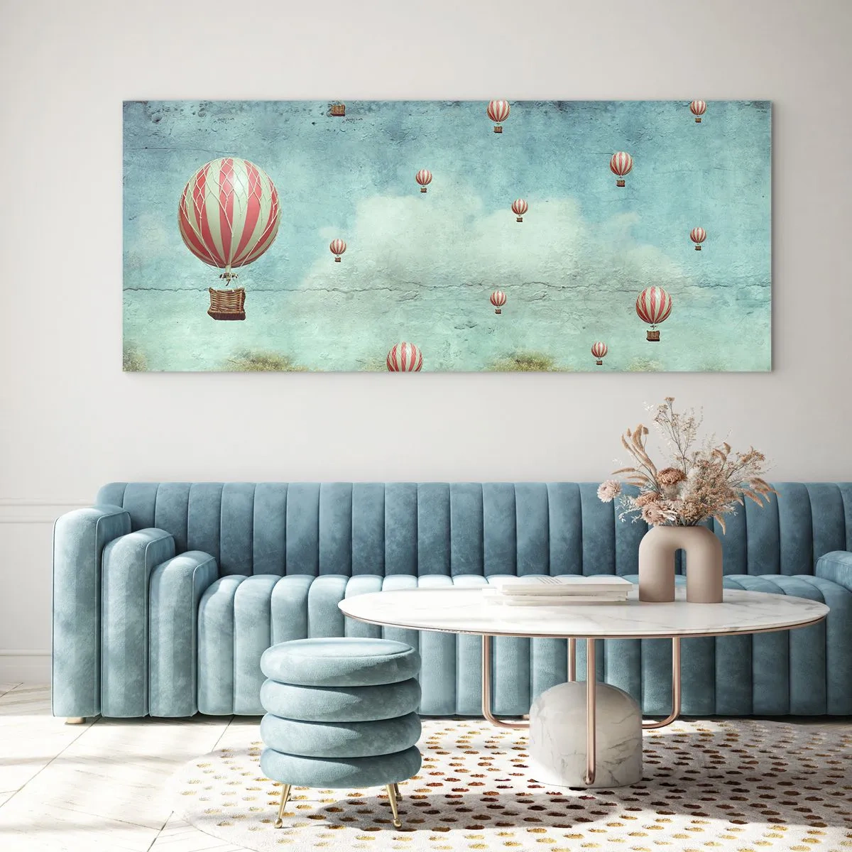 Impression sur verre - Image sur verre - Ballons rétro sur fond de ciel bleu et de verdure - 120x50cm - Libre de l'agitation de la vie - Décoration murale moderne pour le salon et la chambre ARTTOR