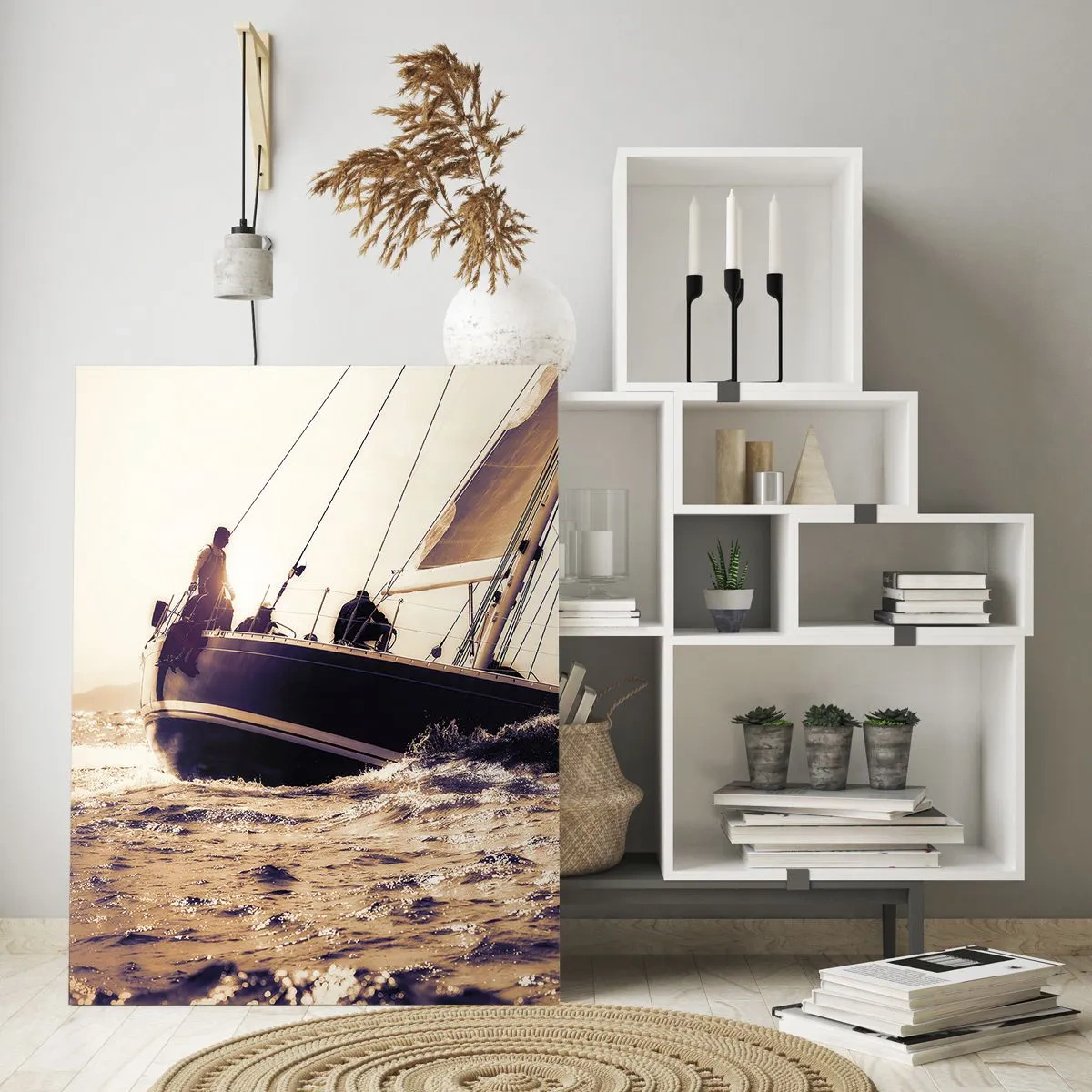 Impression sur verre - Image sur verre - Un voilier sur une mer agitée aux tons chauds - 50x70cm - Navigue, marin - Décoration murale moderne pour le salon et la chambre ARTTOR