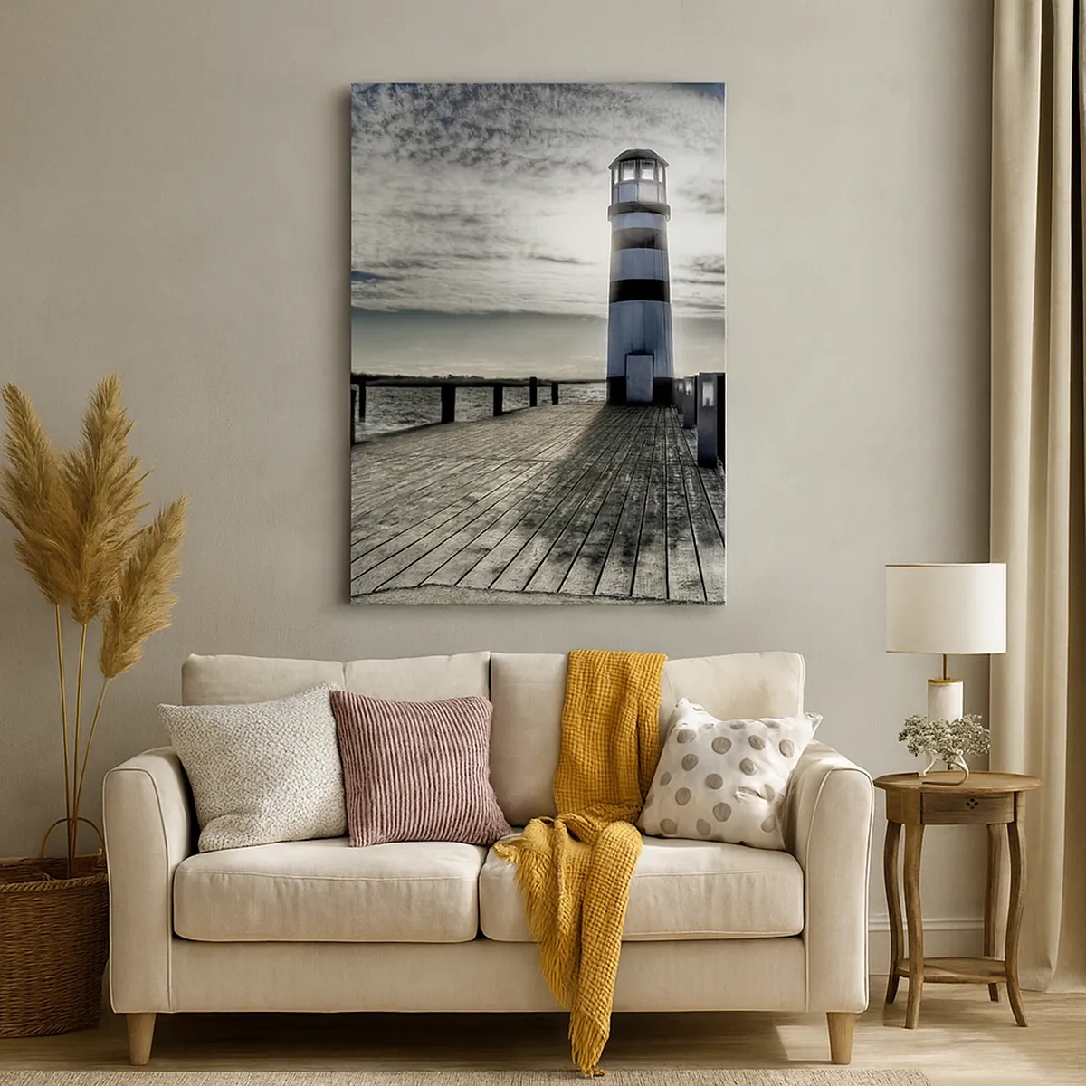 Impression sur toile - Image sur toile - Phare sur une jetée en bois surplombant la mer. - 50x70cm - Marins, je vous attend - Décoration murale moderne pour le salon et la chambre ARTTOR