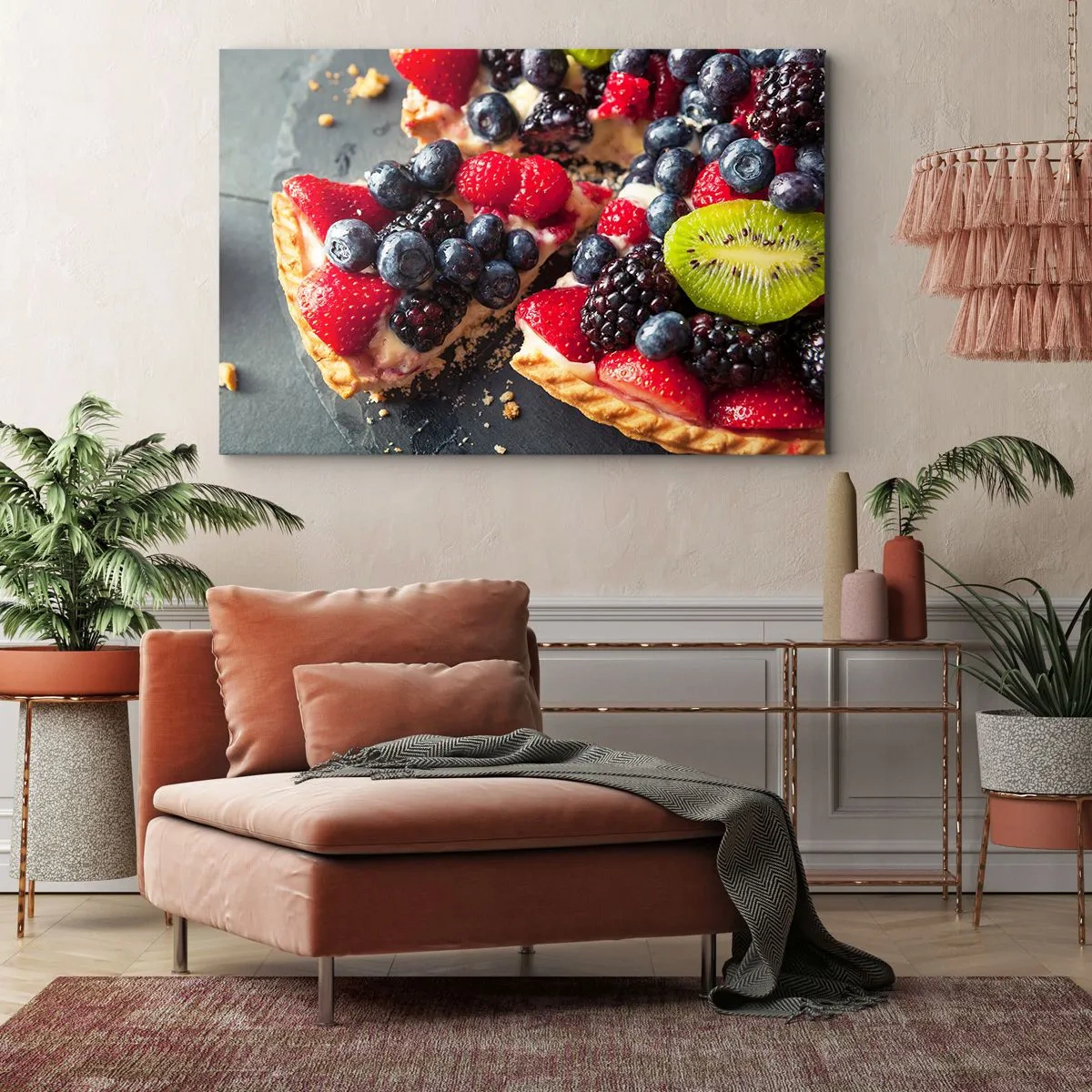 Impression sur toile - Image sur toile - Tarte colorée aux fruits et à la crème - 70x50cm - Dolce vita! - Décoration murale moderne pour le salon et la chambre ARTTOR