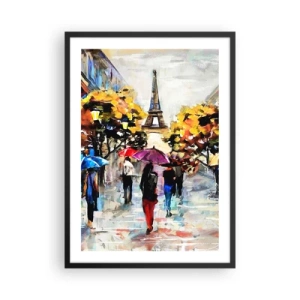 Affiche dans un cadre noir - Poster - La Tour Eiffel dans un paysage d'automne avec des parapluies colorés - 50x70cm - Particulièrement beau en automne - Décoration murale moderne pour le salon et la chambre ARTTOR