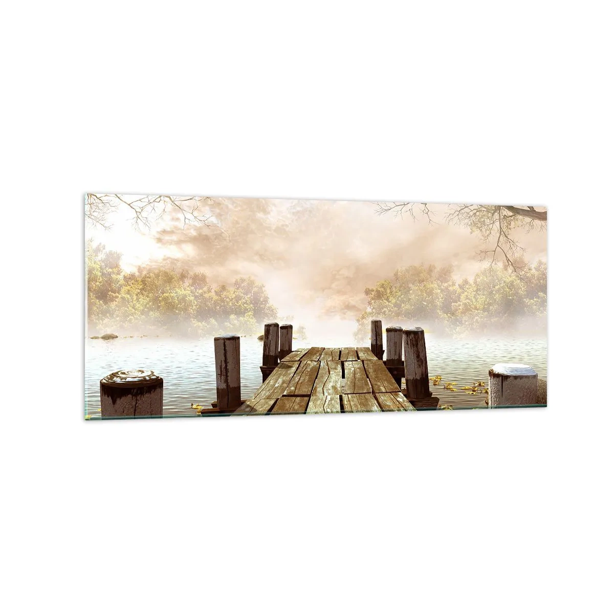 Impression sur verre - Image sur verre - Une jetée en bois menant à un lac calme dans la brume matinale - 120x50cm - La douce tristesse de l'automne - Décoration murale moderne pour le salon et la chambre ARTTOR
