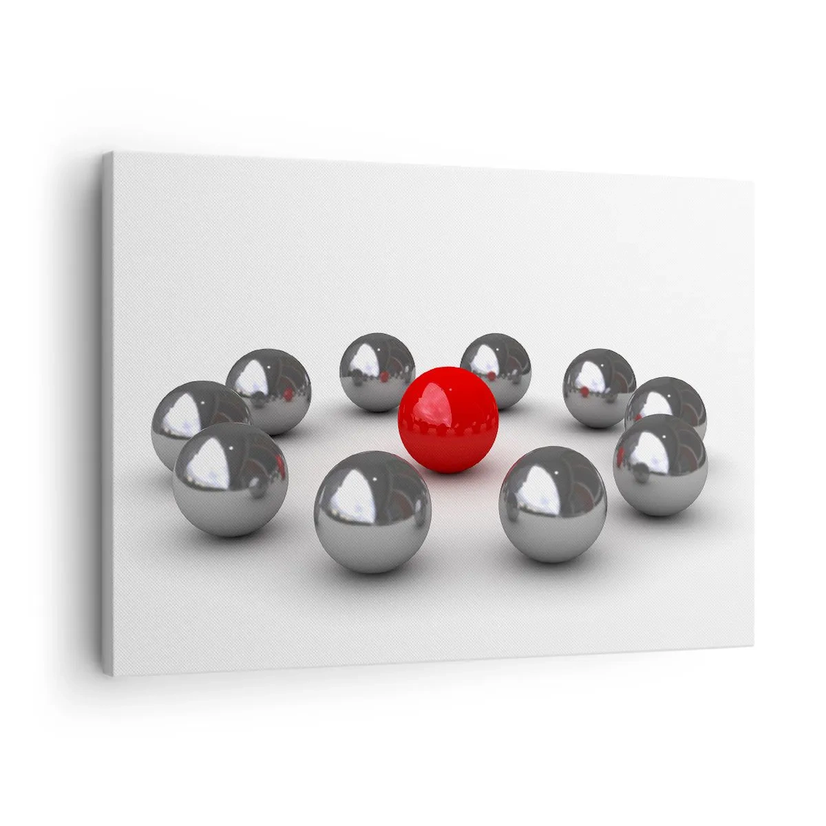 Impression sur toile - Image sur toile - Une boule rouge entourée de boules argentées sur fond blanc - 70x50cm - Un cercle en argent et rouge - Décoration murale moderne pour le salon et la chambre ARTTOR