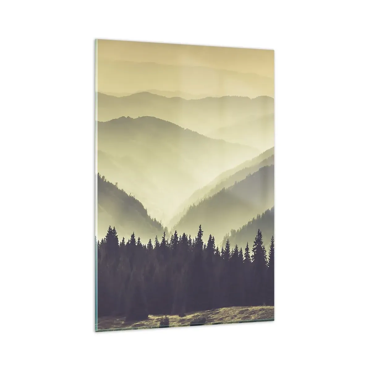 Impression sur verre - Image sur verre - Des chaînes de montagnes pittoresques enveloppées de brume dans une lumière chaude - 80x120cm - Derrière les sept montagnes… - Décoration murale moderne pour le salon et la chambre ARTTOR