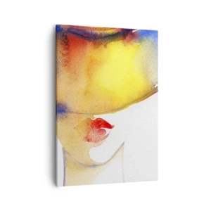 Impression sur toile - Image sur toile - Une aquarelle minimaliste du profil d'une femme avec un chapeau coloré. - 50x70cm - Portrait d'une dame - Décoration murale moderne pour le salon et la chambre ARTTOR