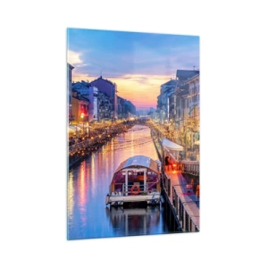 Impression sur verre - Image sur verre - Vue nocturne du canal illuminé avec bateaux et cafés - 50x70cm - Soirée de lumière et de jeu - Décoration murale moderne pour le salon et la chambre ARTTOR