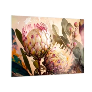 Impression sur verre - Image sur verre - Fleurs de Protea aux tons chauds et à la lumière douce - 70x50cm - Tendrement embrassé - Décoration murale moderne pour le salon et la chambre ARTTOR