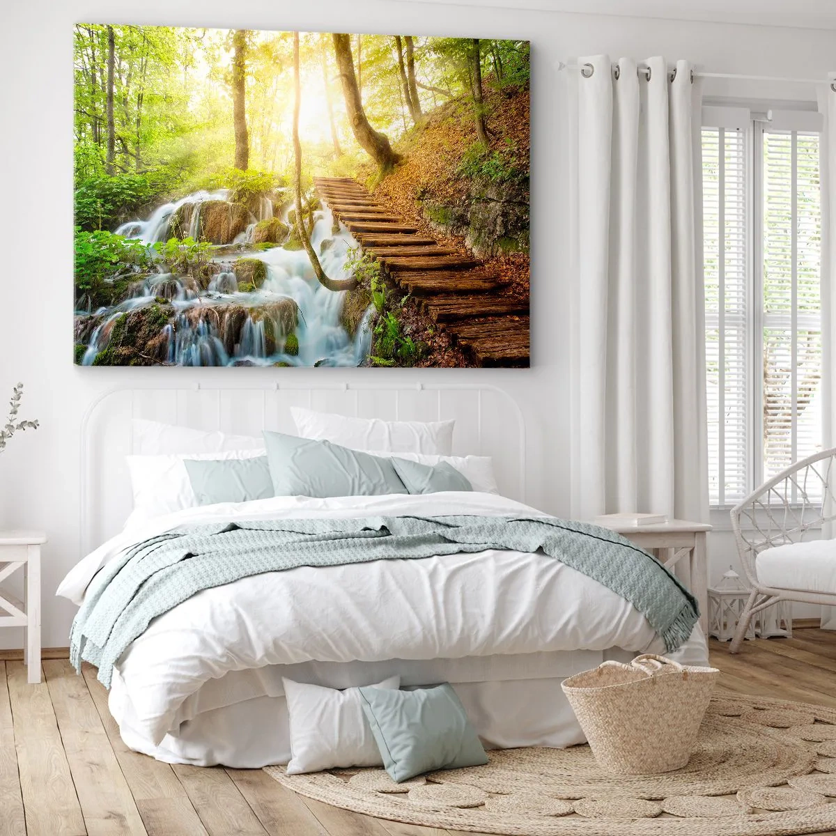 Impression sur toile - Image sur toile - Chemin forestier avec escaliers en bois près de la cascade - 120x80cm - Une fraîcheur tant désirée - Décoration murale moderne pour le salon et la chambre ARTTOR