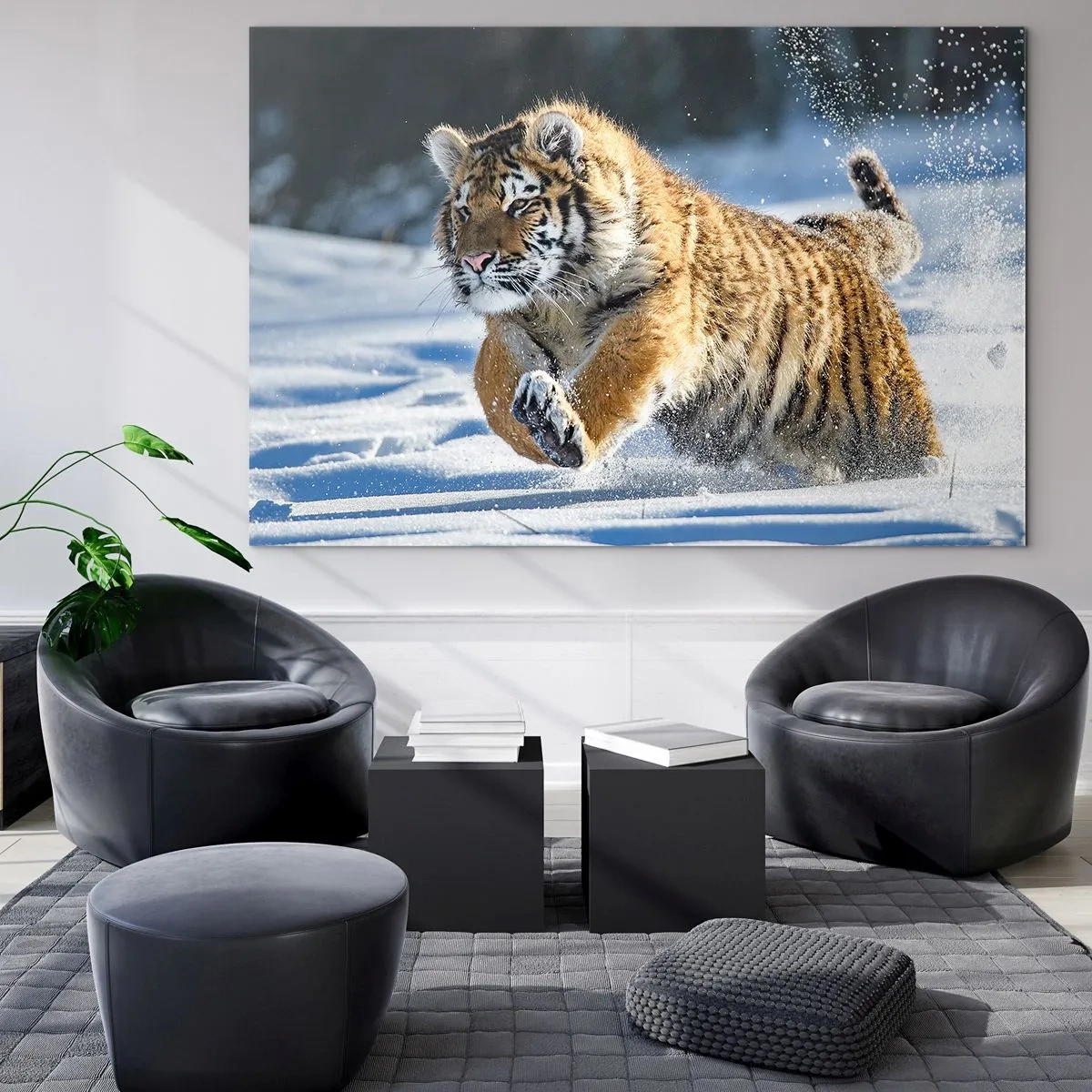 Impression sur verre - Image sur verre - Un tigre de Sibérie court dans la neige dans un paysage hivernal. - 100x70cm - Dieu de la taïga sibérienne - Décoration murale moderne pour le salon et la chambre ARTTOR